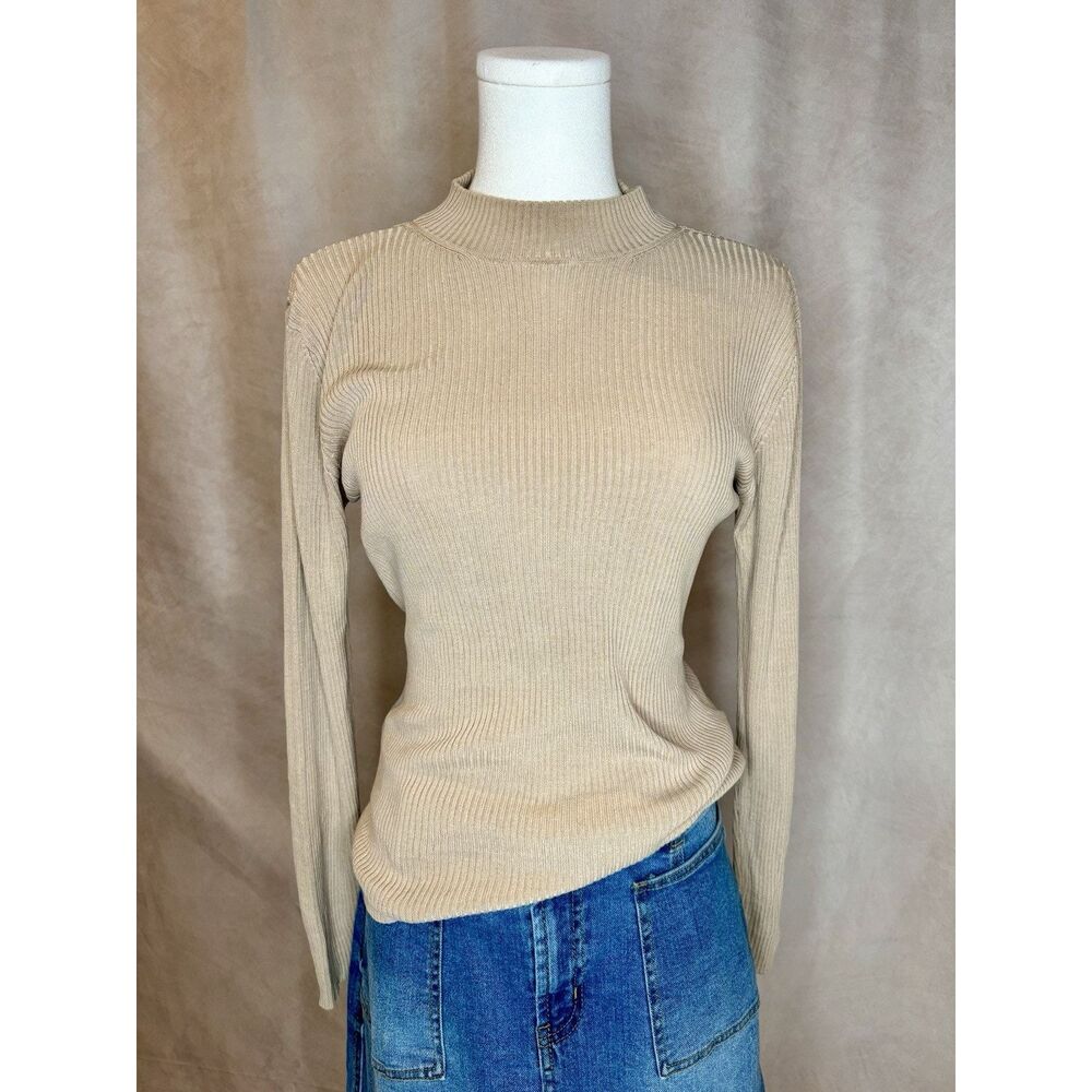 Vtg Best Connections Silk Ribbed Mock Neck Sweater Top Beige Size 10/12